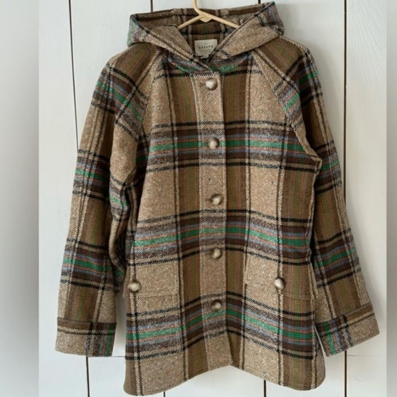 SÉZANE Suzon Multi Taupe Plaid Hooded Wool Coat Medium New - Picture 6 of 16